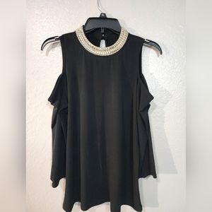 MOA MOA Black Top with Silver Jewelry neckCut out Shoulder 3/4 sleevesSize XL